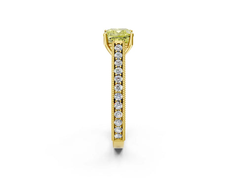 Yellow gold Fancy Yellow Cushion Cut Cut Pave Band Milgrain Solitaire Ring_2