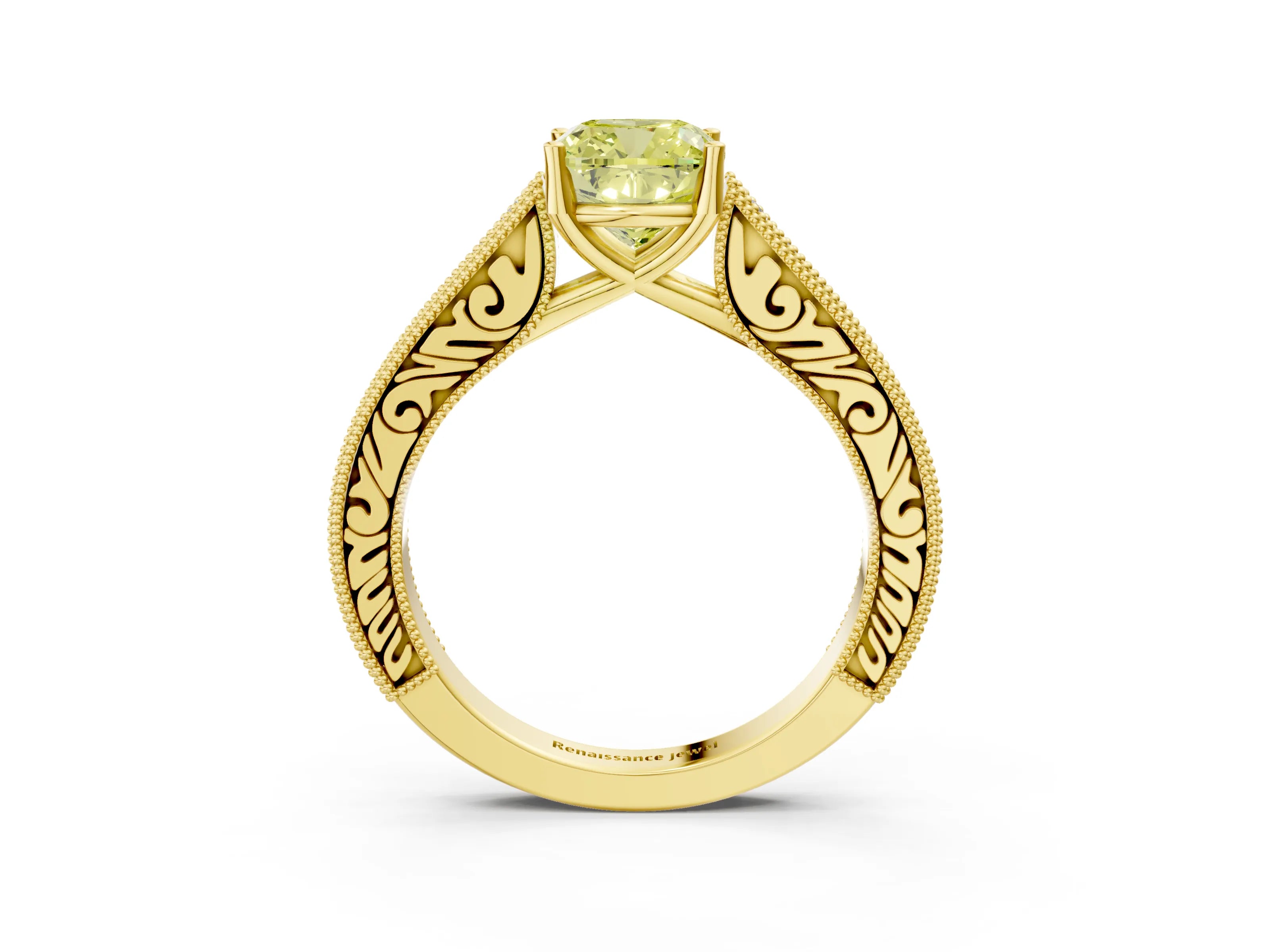 Yellow gold Fancy Yellow Cushion Cut Cut Pave Band Milgrain Solitaire Ring_3