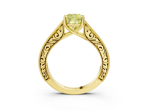 Yellow gold Fancy Yellow Cushion Cut Cut Pave Band Milgrain Solitaire Ring_3