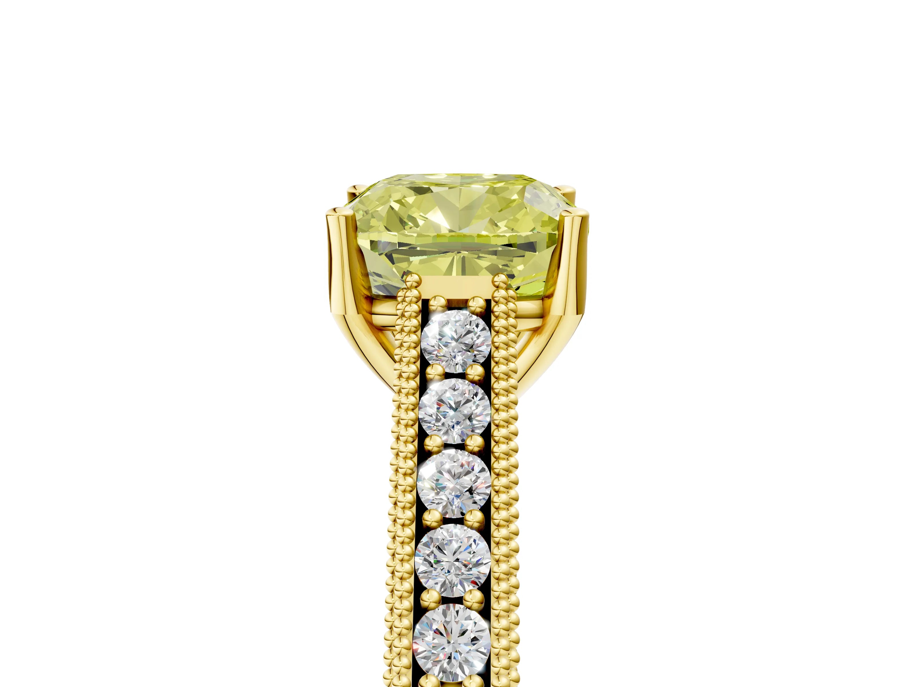 Yellow gold Fancy Yellow Cushion Cut Cut Pave Band Milgrain Solitaire Ring_5