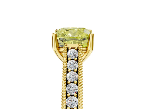 Yellow gold Fancy Yellow Cushion Cut Cut Pave Band Milgrain Solitaire Ring_5