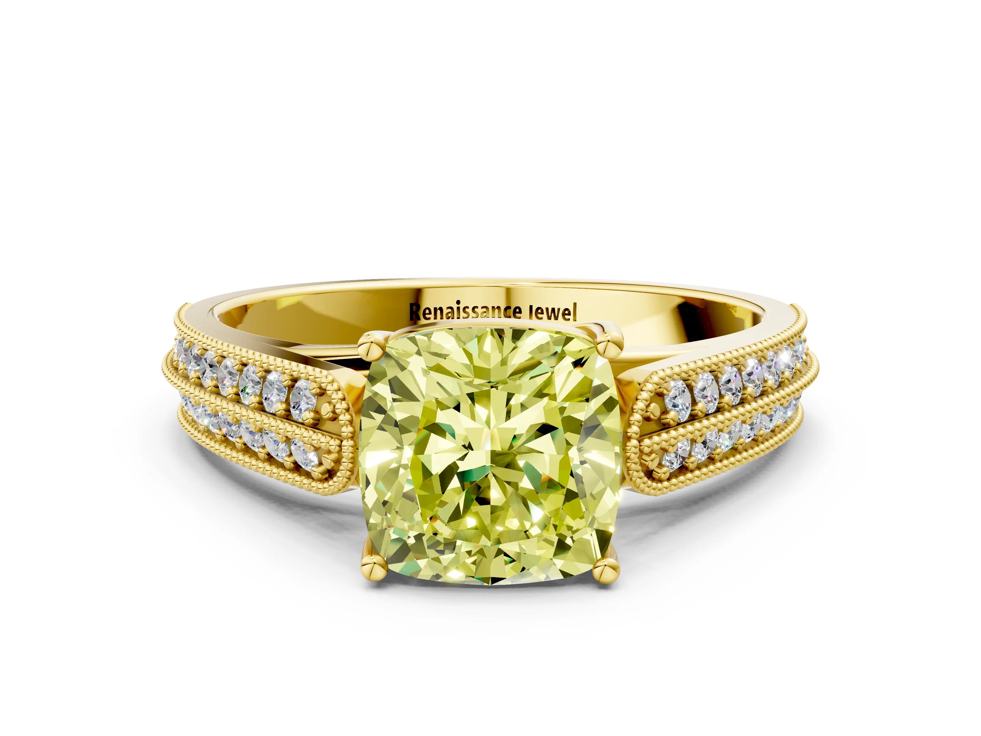 Yellow gold Fancy Yellow Cushion Cut Cut Pave Split Shank Engagement Ring with Four-Prong Setting