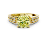 Yellow gold Fancy Yellow Cushion Cut Cut Pave Split Shank Engagement Ring with Four-Prong Setting