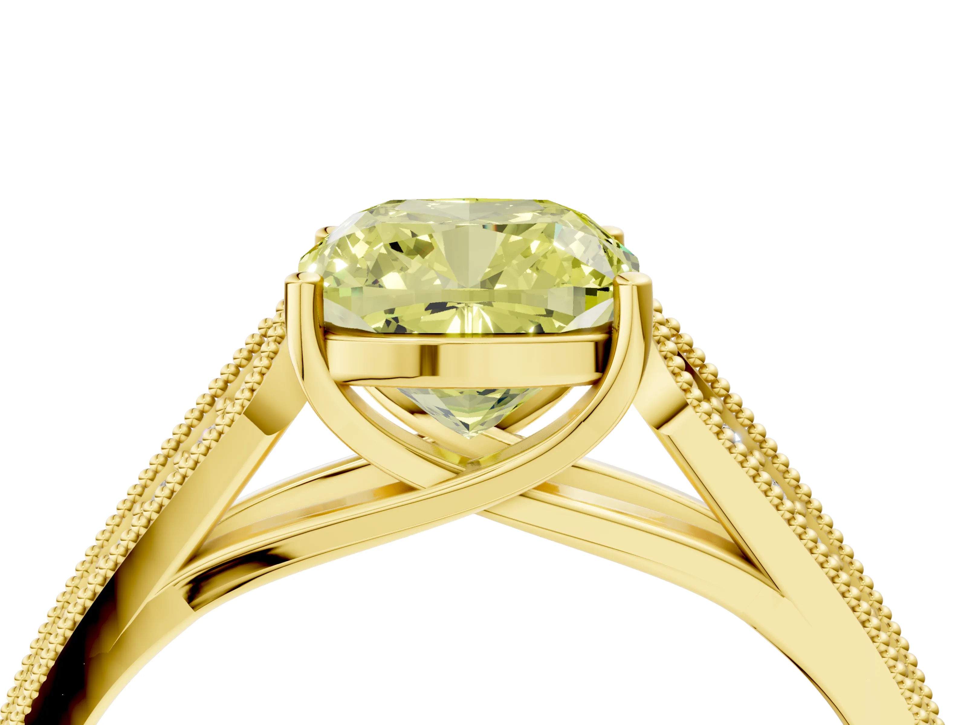 Yellow gold Fancy Yellow Cushion Cut Cut Pave Split Shank Engagement Ring with Four-Prong Setting_4