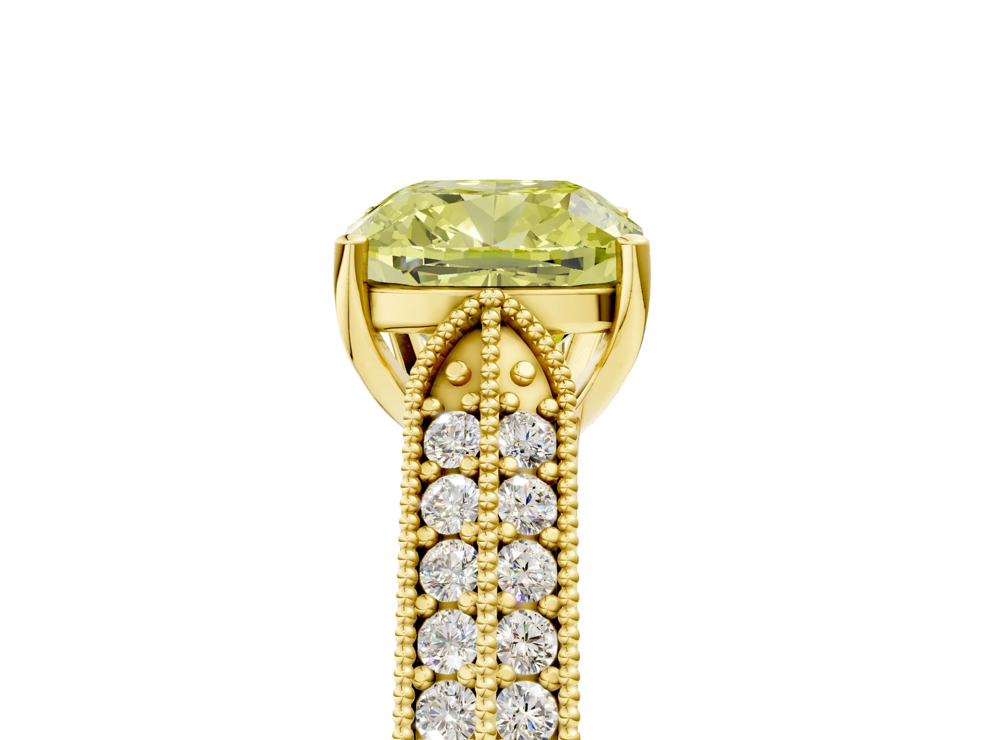 Yellow gold Fancy Yellow Cushion Cut Cut Pave Split Shank Engagement Ring with Four-Prong Setting_5