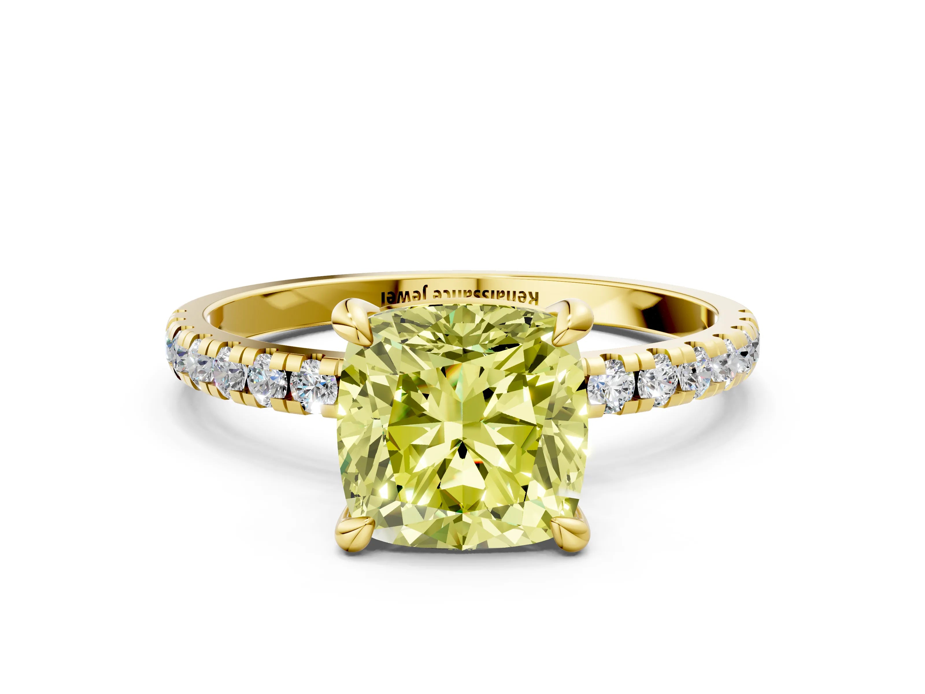 Yellow gold Fancy Yellow Cushion Cut Diamond Brilliant Solitaire Ring with Pavé Band and Four-Prong Setting