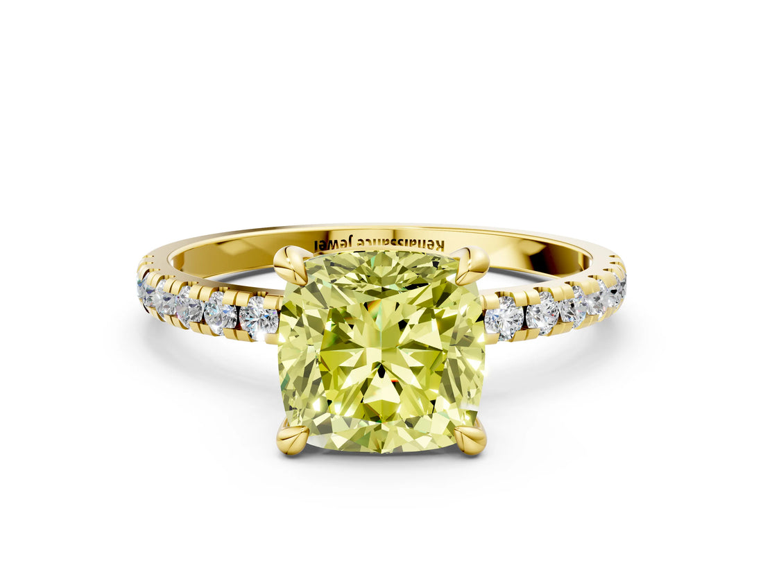 Yellow gold Fancy Yellow Cushion Cut Diamond Brilliant Solitaire Ring with Pavé Band and Four-Prong Setting_12
