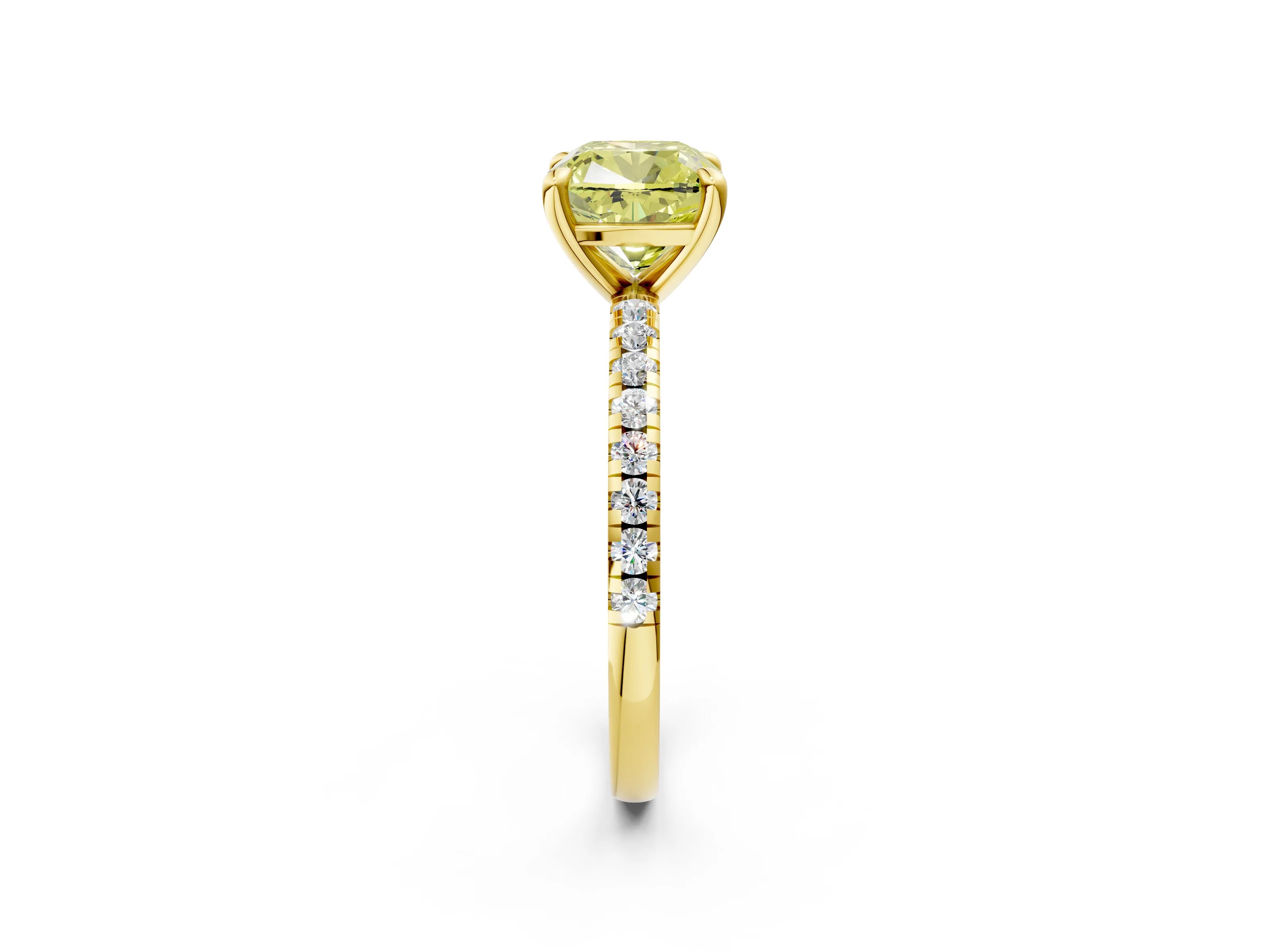 Yellow gold Fancy Yellow Cushion Cut Diamond Brilliant Solitaire Ring with Pavé Band and Four-Prong Setting_2