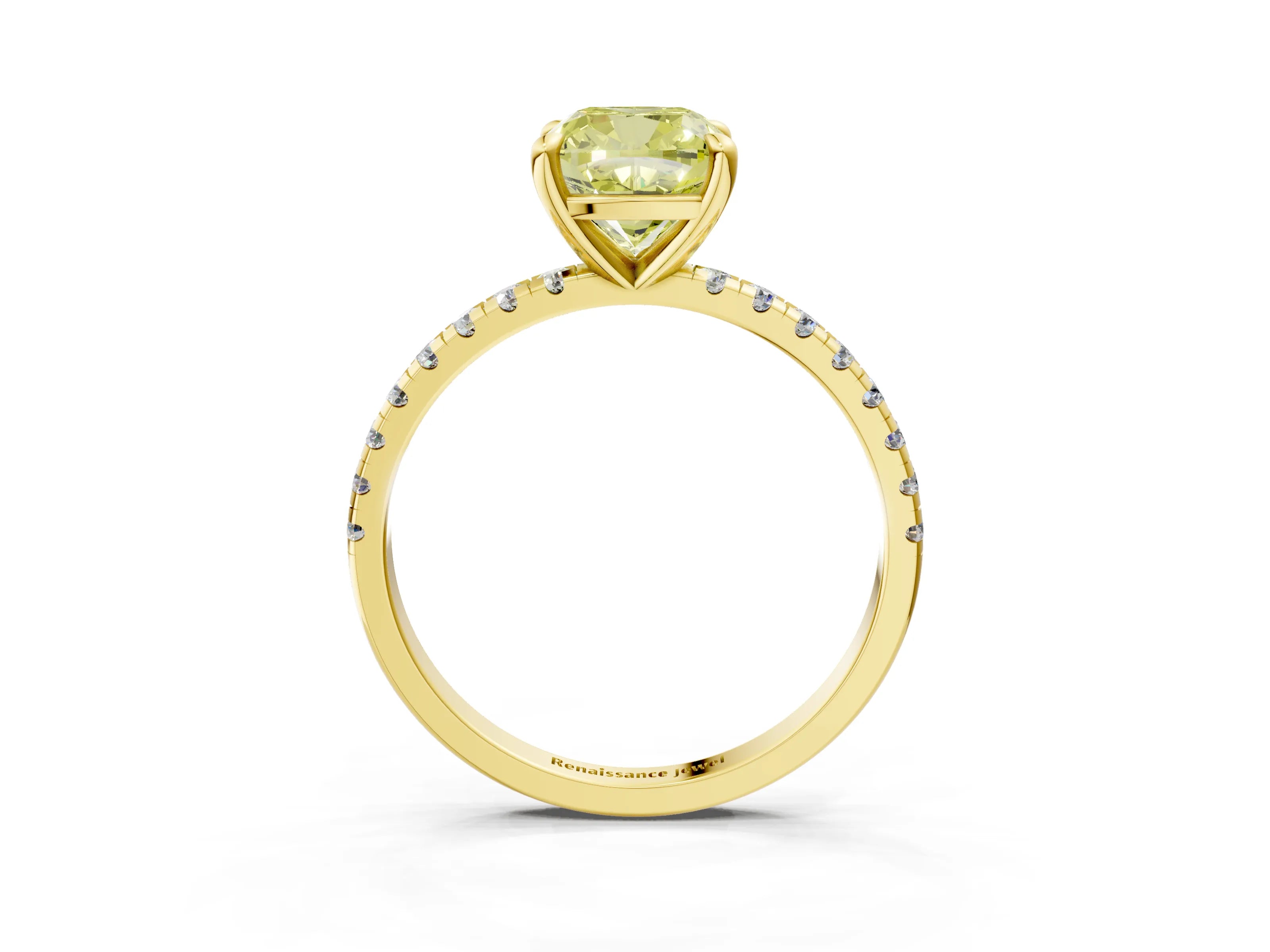 Yellow gold Fancy Yellow Cushion Cut Diamond Brilliant Solitaire Ring with Pavé Band and Four-Prong Setting_3