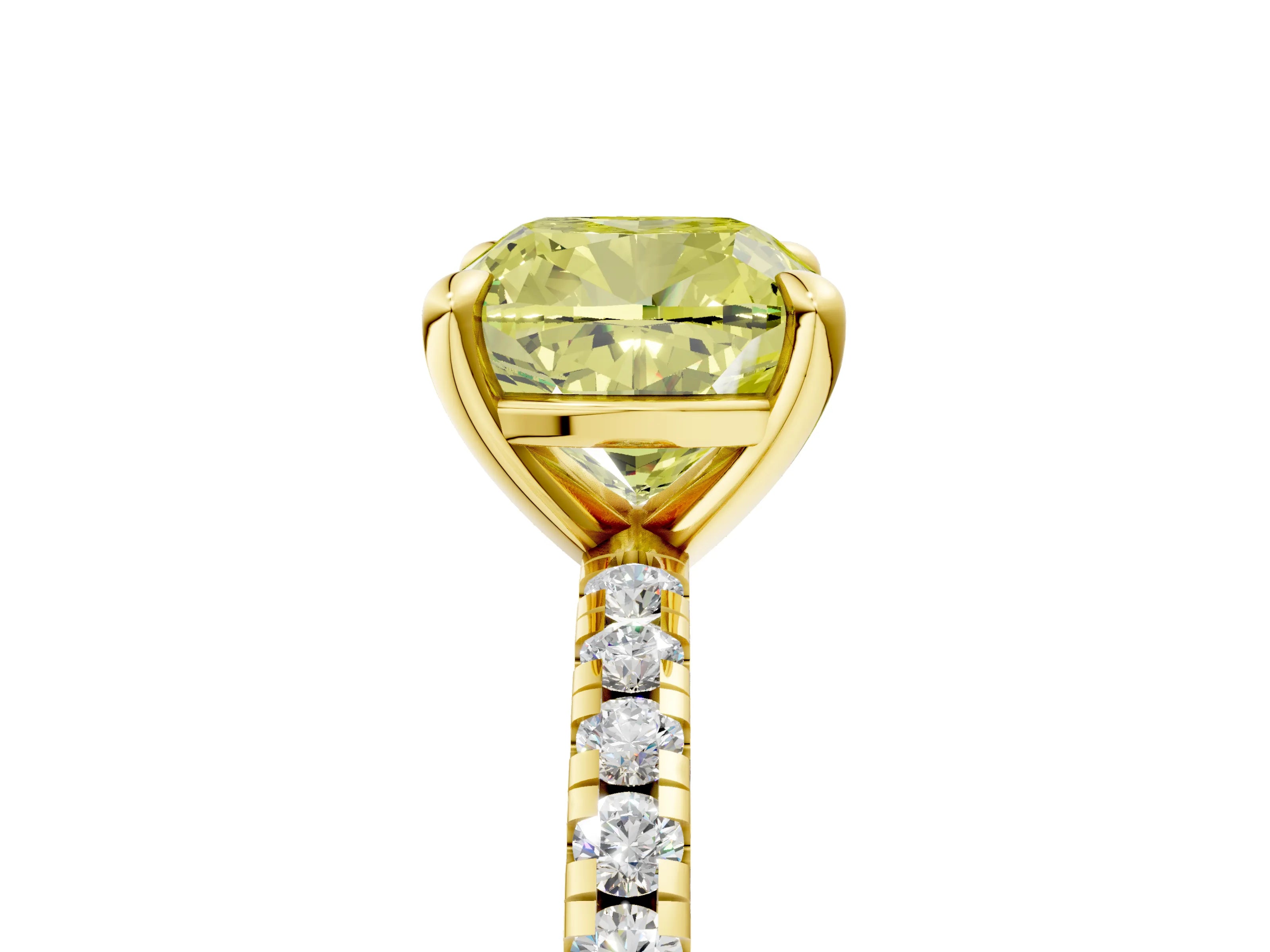 Yellow gold Fancy Yellow Cushion Cut Diamond Brilliant Solitaire Ring with Pavé Band and Four-Prong Setting_5