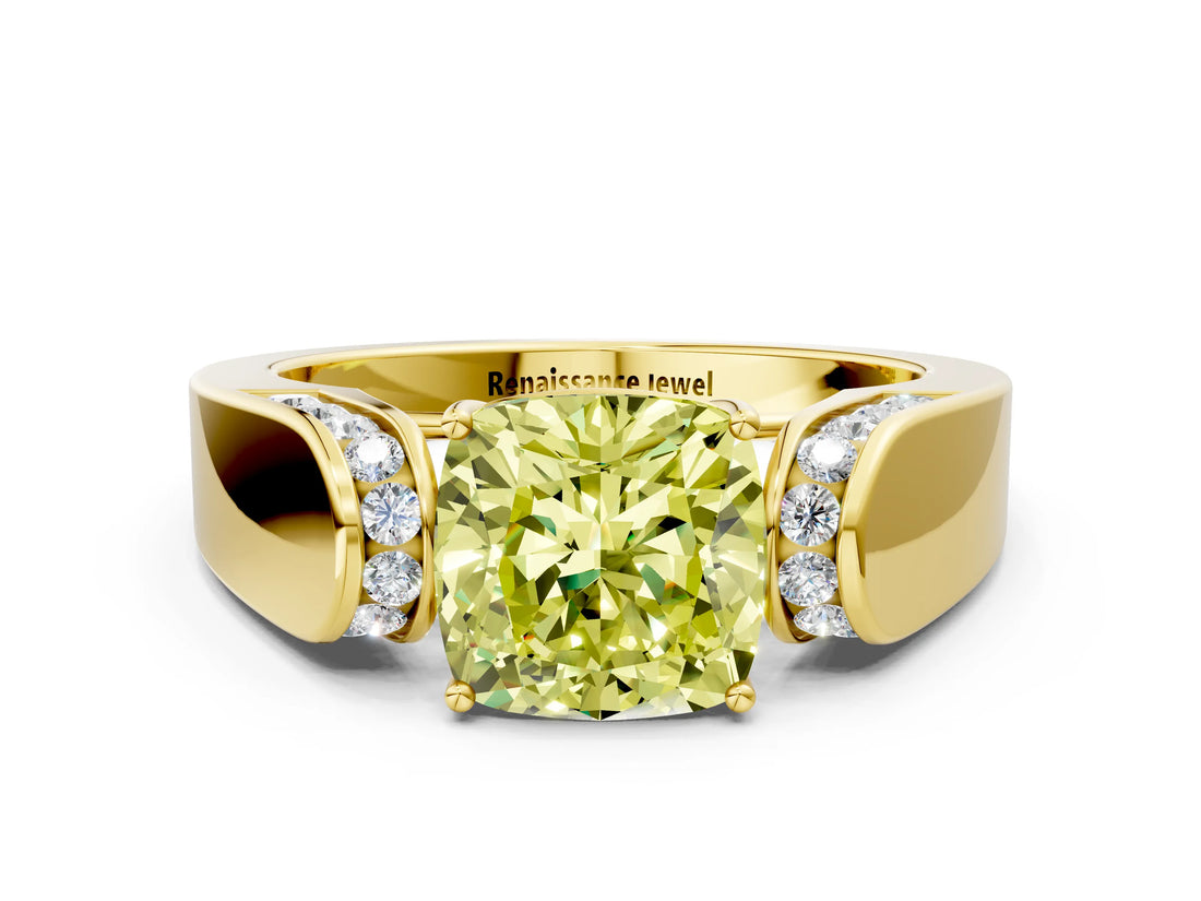 Yellow gold Fancy Yellow Cushion Cut Diamond Channel Set Solitaire Ring with Four-Prong Setting_12