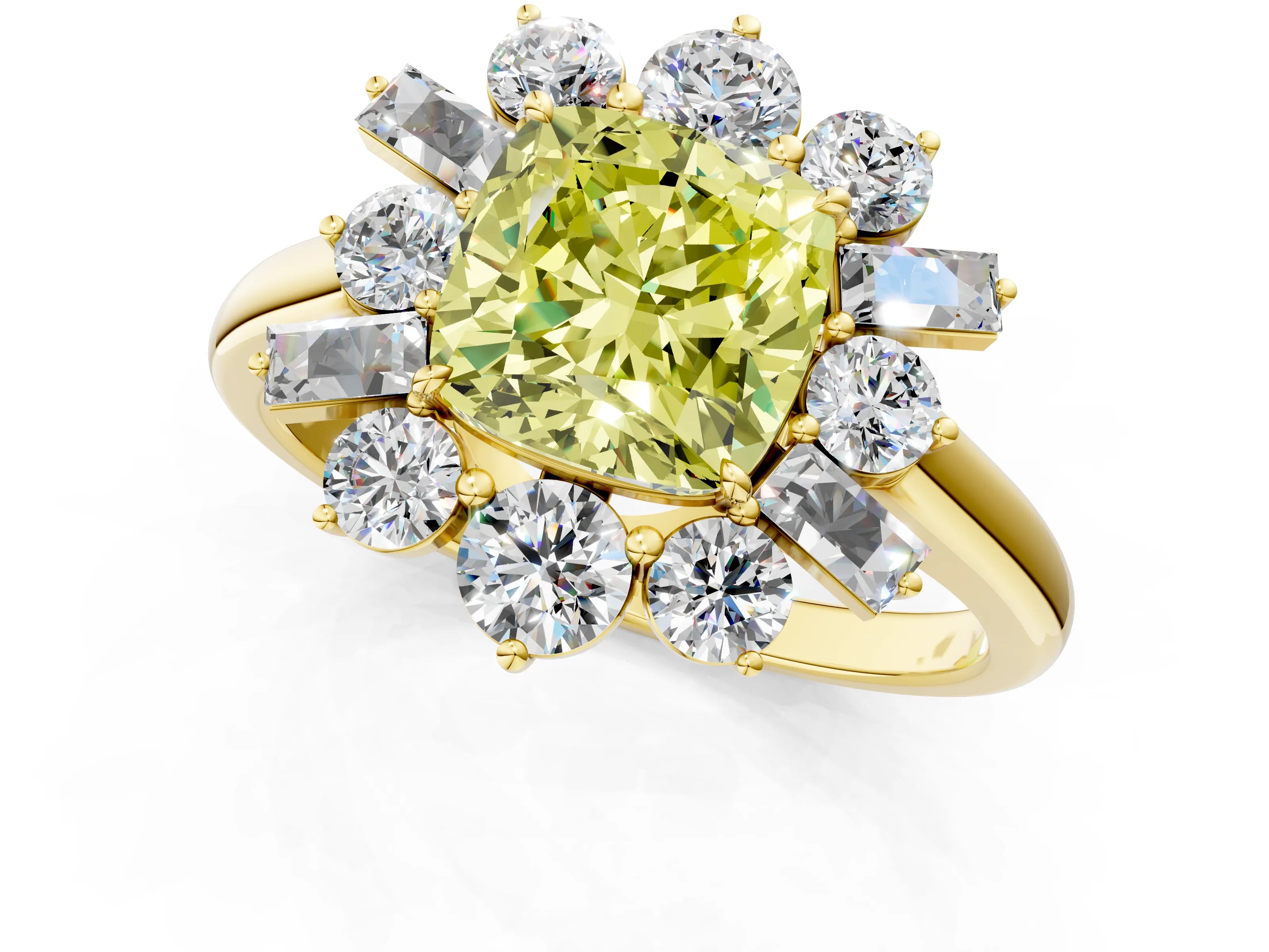 Yellow gold Fancy Yellow Cushion Cut Diamond Cluster Ring with Round and Baguette Stones, Split Shank Band, Prong Setting_1