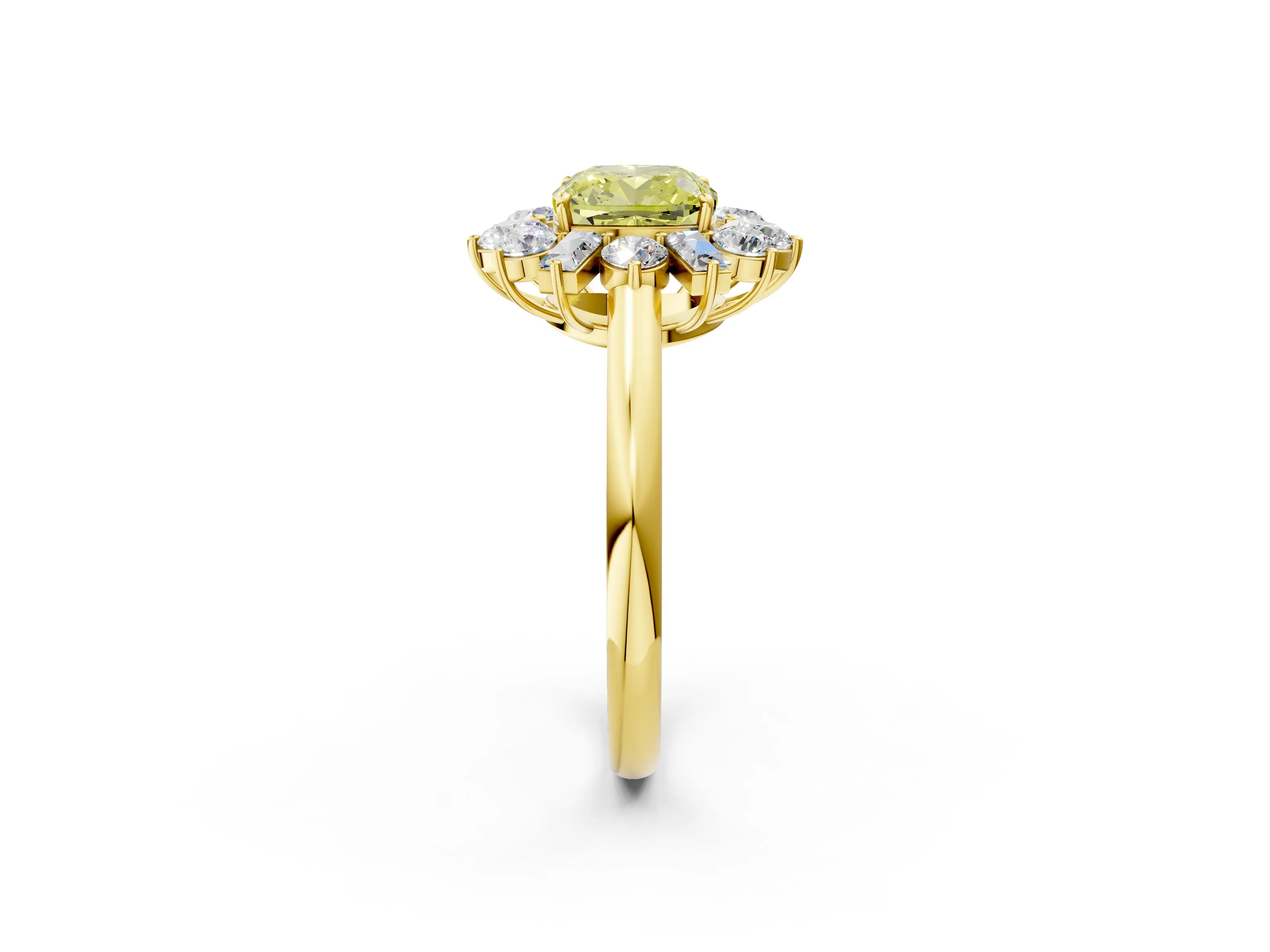 Yellow gold Fancy Yellow Cushion Cut Diamond Cluster Ring with Round and Baguette Stones, Split Shank Band, Prong Setting_2