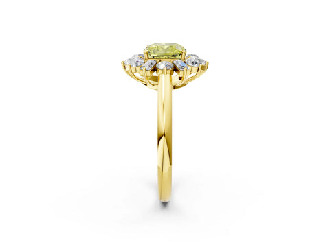 Yellow gold Fancy Yellow Cushion Cut Diamond Cluster Ring with Round and Baguette Stones, Split Shank Band, Prong Setting_2