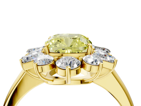 Yellow gold Fancy Yellow Cushion Cut Diamond Cluster Ring with Round and Baguette Stones, Split Shank Band, Prong Setting_4