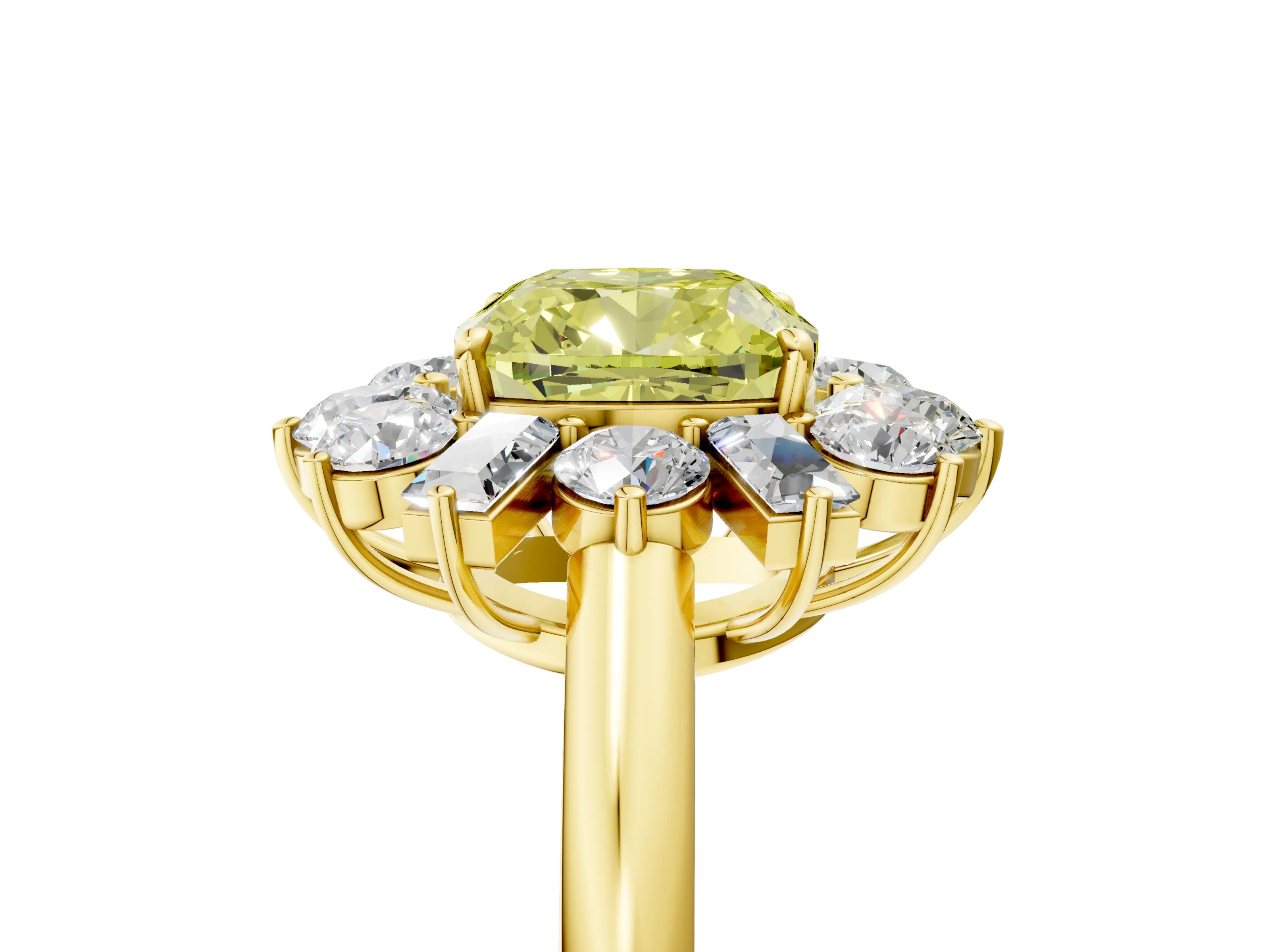 Yellow gold Fancy Yellow Cushion Cut Diamond Cluster Ring with Round and Baguette Stones, Split Shank Band, Prong Setting_5