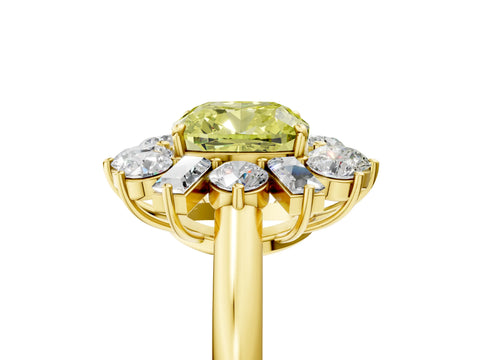 Yellow gold Fancy Yellow Cushion Cut Diamond Cluster Ring with Round and Baguette Stones, Split Shank Band, Prong Setting_5