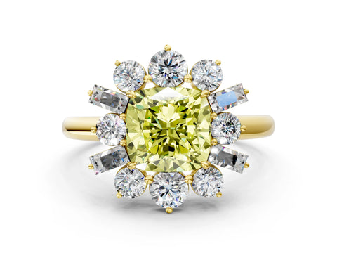 Yellow gold Fancy Yellow Cushion Cut Diamond Cluster Ring with Round and Baguette Stones, Split Shank Band, Prong Setting