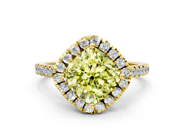 Yellow gold Fancy Yellow Cushion Cut Diamond Cushion Halo Ring with Pavé Band