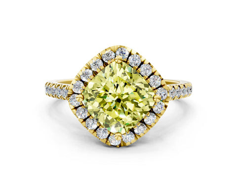Yellow gold Fancy Yellow Cushion Cut Diamond Cushion Halo Ring with Pavé Band