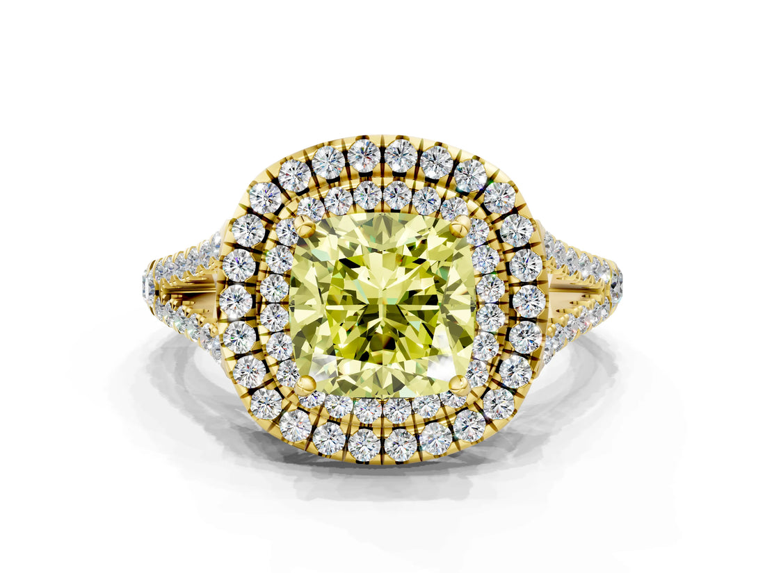 Yellow gold Fancy Yellow Cushion Cut Diamond Double Halo Ring with Pavé Band and Prong Setting_58