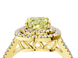 Yellow gold Fancy Yellow Cushion Cut Diamond Double Halo Ring with Pavé Band and Prong Setting_62