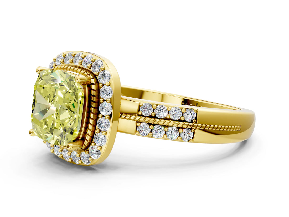 Yellow gold Fancy Yellow Cushion Cut Diamond Double Halo Ring with Split Shank and Four-Prong Setting