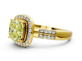 Yellow gold Fancy Yellow Cushion Cut Diamond Double Halo Ring with Split Shank and Four-Prong Setting
