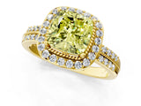 Yellow gold Fancy Yellow Cushion Cut Diamond Double Halo Ring with Split Shank and Four-Prong Setting_1