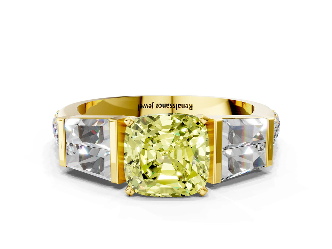 Yellow gold Fancy Yellow Cushion Cut Diamond Engagement Ring with Baguette Side Stones and Channel Set Band_20