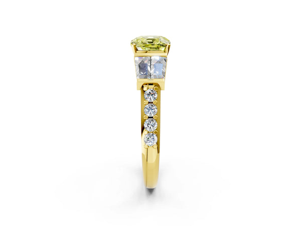 Yellow gold Fancy Yellow Cushion Cut Diamond Engagement Ring with Baguette Side Stones and Channel Set Band