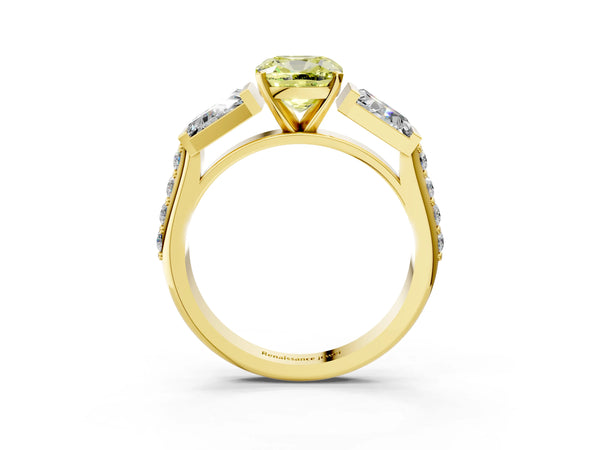 Yellow gold Fancy Yellow Cushion Cut Diamond Engagement Ring with Baguette Side Stones and Channel Set Band
