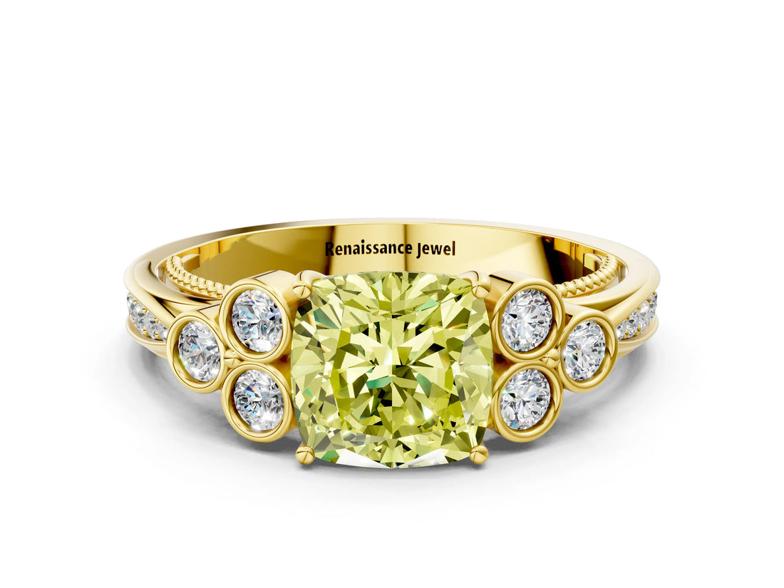 Yellow gold Fancy Yellow Cushion  Cut Diamond Engagement Ring with Bezel Set Round Side Stones and Prong Setting_51