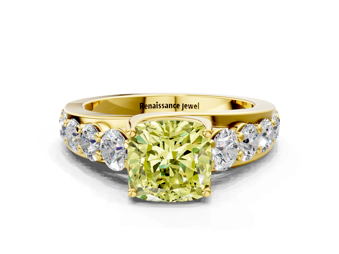 Yellow gold Fancy Yellow Cushion  Cut Diamond Engagement Ring with Pavé Band and Four-Prong Setting_3