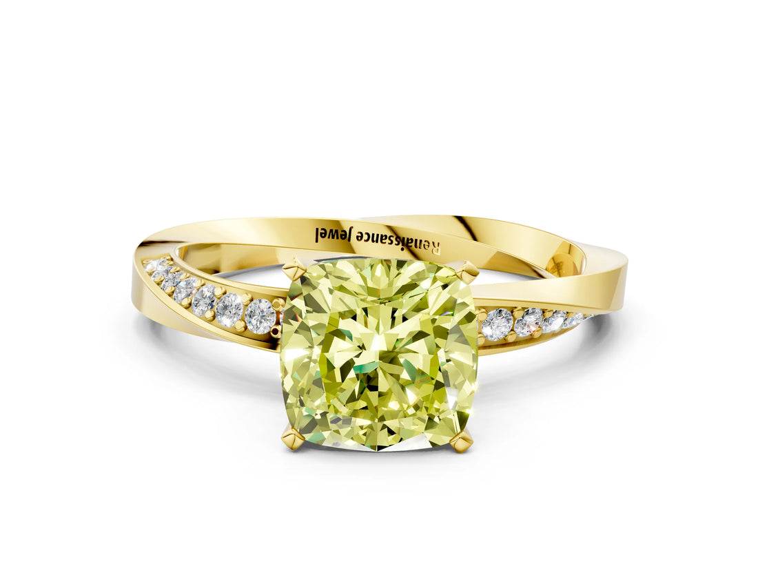 Yellow gold Fancy Yellow Cushion Cut Diamond Engagement Ring with Side Stone Accents and Four-Prong Setting_72