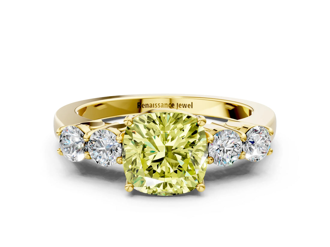 Yellow gold Fancy Yellow Cushion  Cut Diamond Five-Stone Prong Set White Gold Ring_32