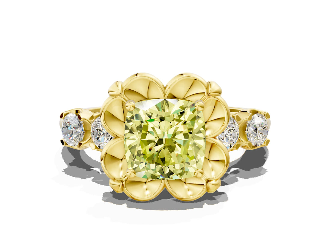 Yellow gold Fancy Yellow Cushion  Cut Diamond Floral Halo Engagement Ring with Shared Prong Setting 1