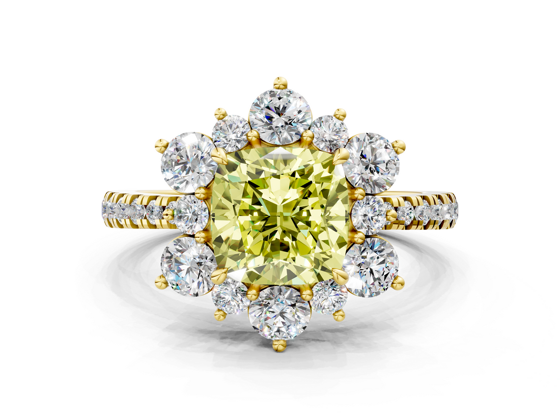 Yellow gold Fancy Yellow Cushion  Cut Diamond Floral Halo Pave Band with Prong Setting_37