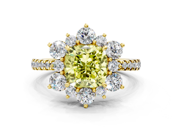 Yellow gold Fancy Yellow Cushion  Cut Diamond Floral Halo Pave Band with Prong Setting