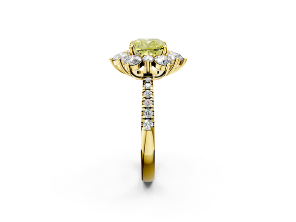 Yellow gold Fancy Yellow Cushion  Cut Diamond Floral Halo Pave Band with Prong Setting