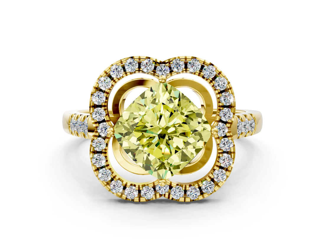 Yellow gold Fancy Yellow Cushion Cut Diamond Floral Halo Split Shank Prong Setting Ring
