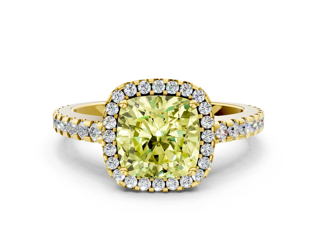 Yellow gold Fancy Yellow Cushion Cut Diamond Halo Engagement Ring with Pavé Band and Prong Setting_27