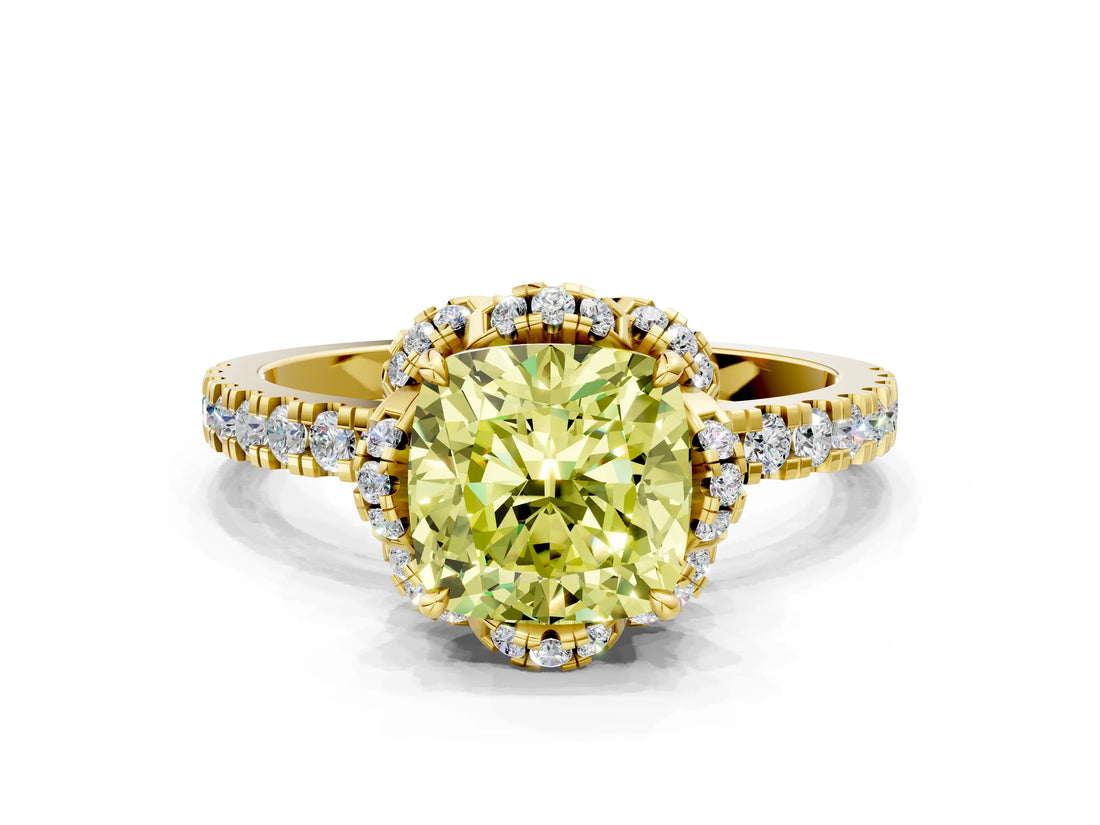 Yellow gold Fancy Yellow Cushion Cut Diamond Halo Pave Band with Four-Prong Setting_3