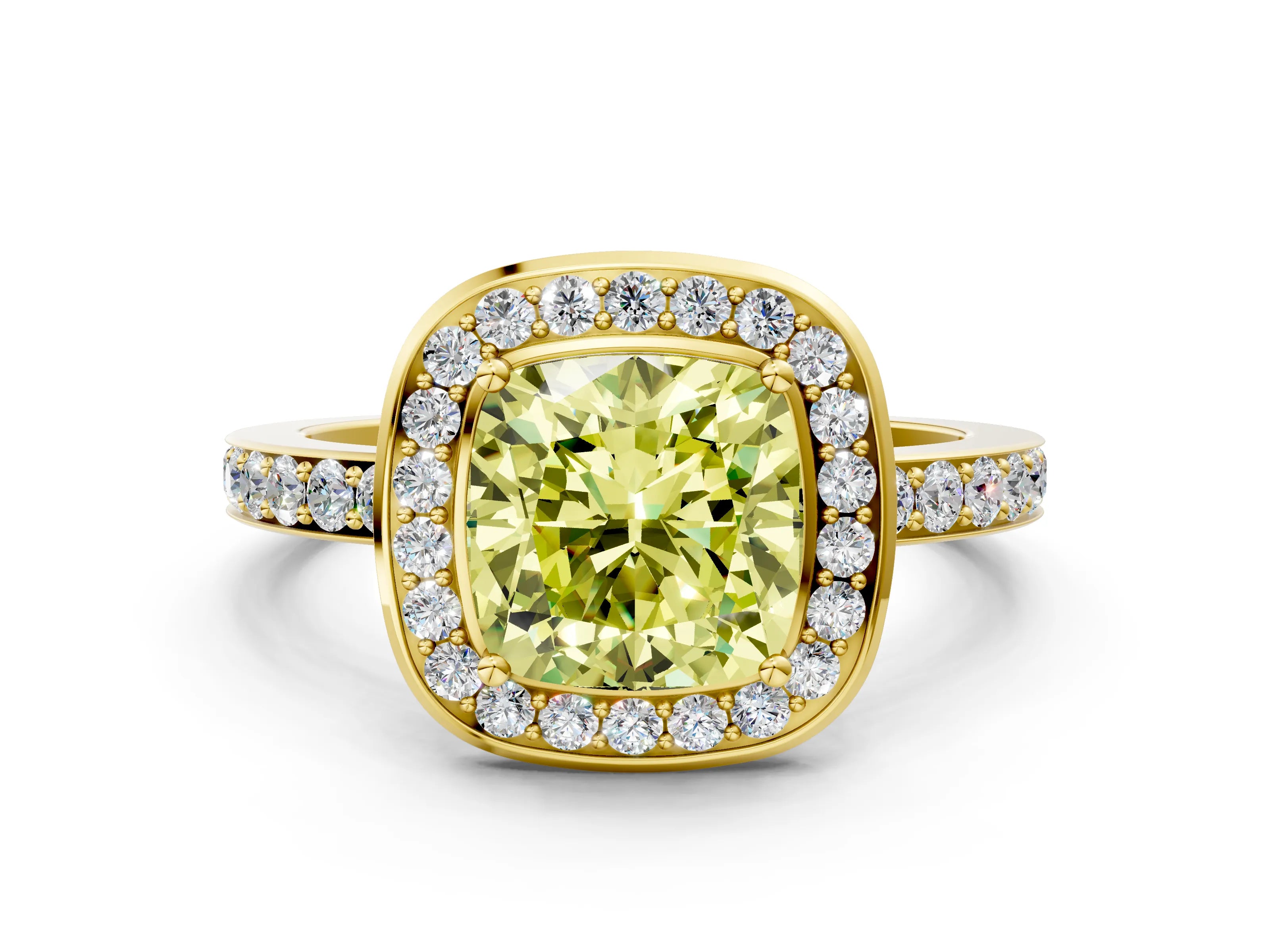 Yellow gold Fancy Yellow Cushion Cut Diamond Halo Ring with Bezel Frame and Pavé Band