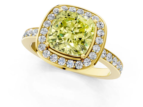 Yellow gold Fancy Yellow Cushion Cut Diamond Halo Ring with Bezel Frame and Pavé Band_1
