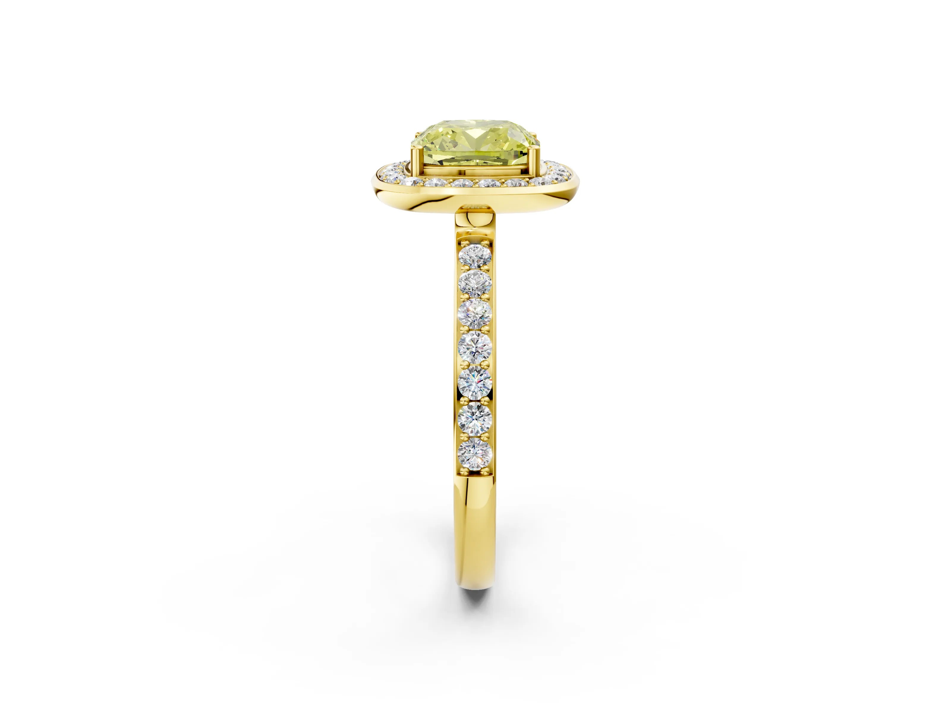 Yellow gold Fancy Yellow Cushion Cut Diamond Halo Ring with Bezel Frame and Pavé Band_2