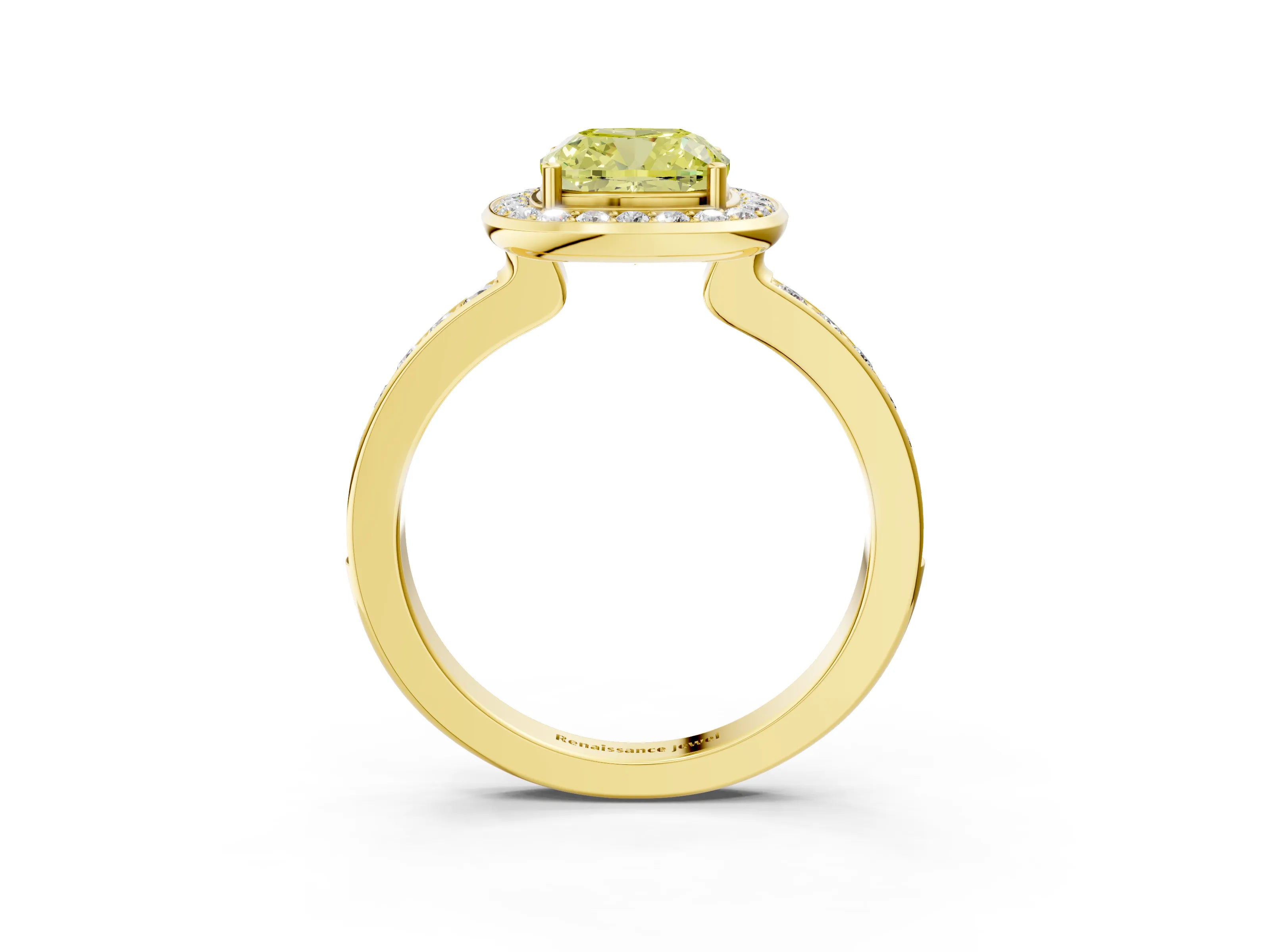 Yellow gold Fancy Yellow Cushion Cut Diamond Halo Ring with Bezel Frame and Pavé Band_3