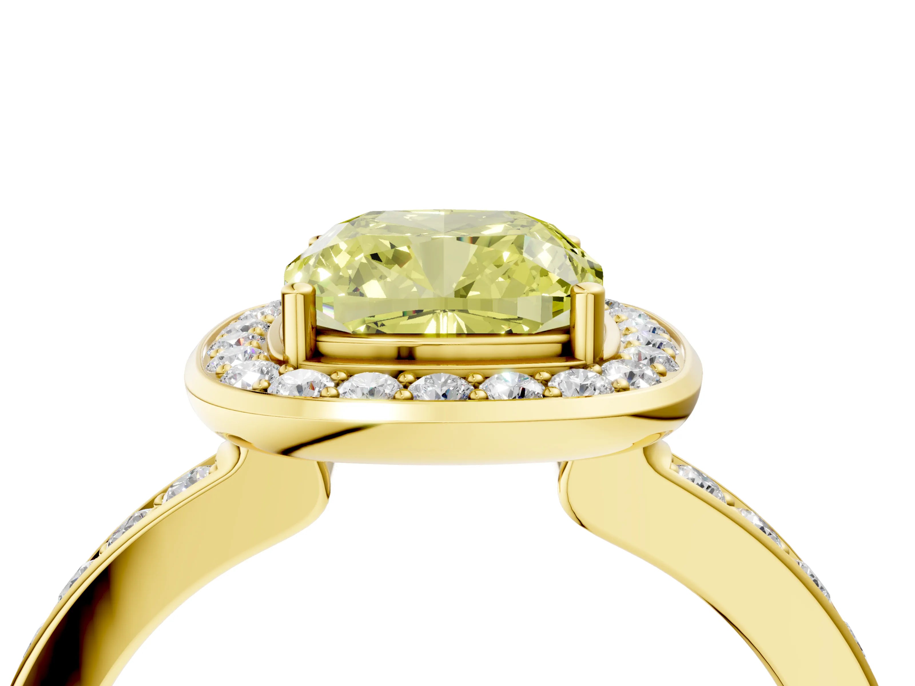 Yellow gold Fancy Yellow Cushion Cut Diamond Halo Ring with Bezel Frame and Pavé Band_4
