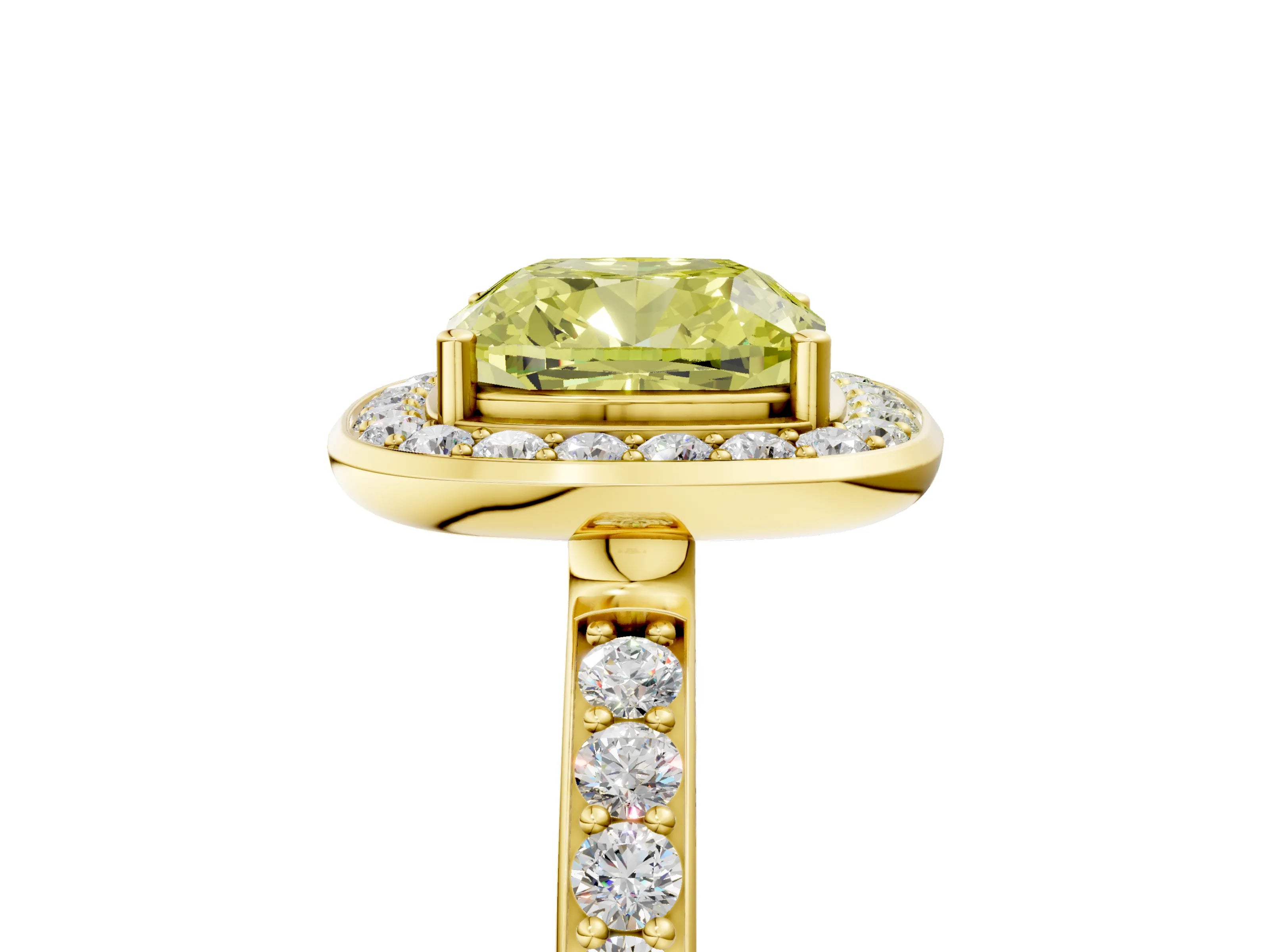 Yellow gold Fancy Yellow Cushion Cut Diamond Halo Ring with Bezel Frame and Pavé Band_5