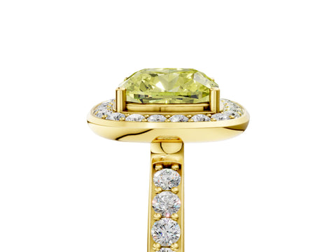 Yellow gold Fancy Yellow Cushion Cut Diamond Halo Ring with Bezel Frame and Pavé Band_5